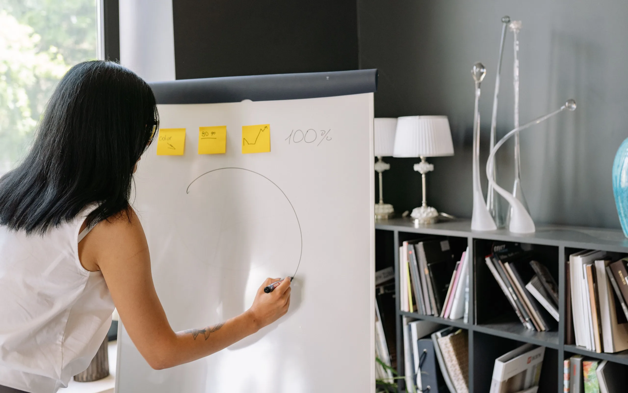 Équipe marketing réunie autour d’un tableau blanc dans un bureau clair